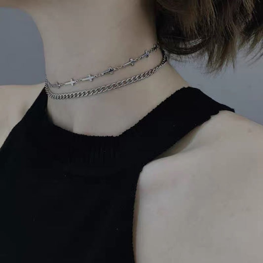 Frosty Cross Double Layer Choker Necklace