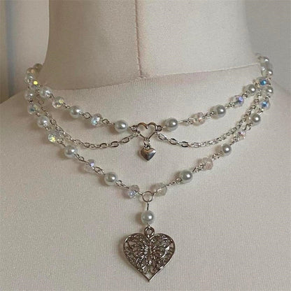 Multilayer Pearl Peach Heart Necklace