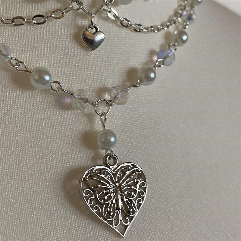 Multilayer Pearl Peach Heart Necklace