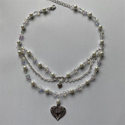 Multilayer Pearl Peach Heart Necklace